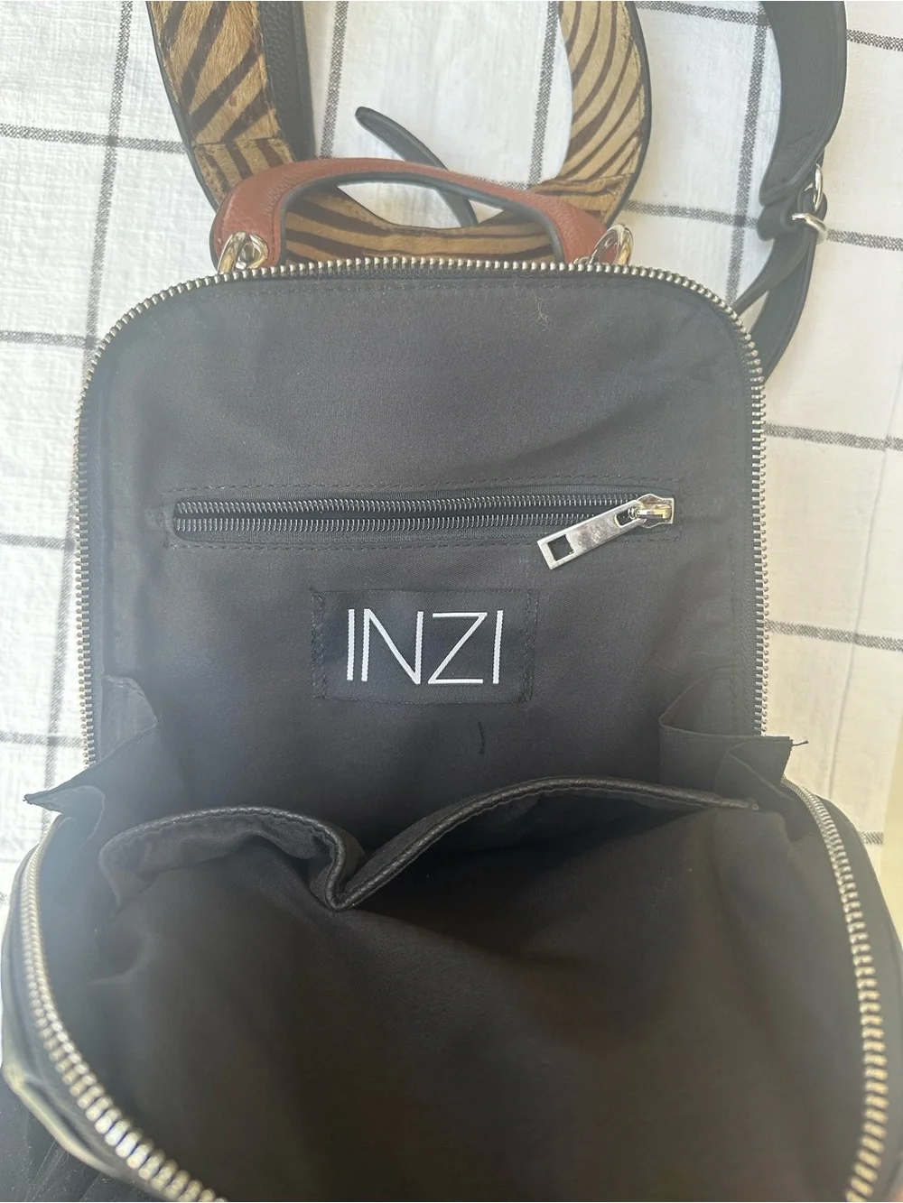 INZI Black Leather Backpack with Brown Zebra Straps